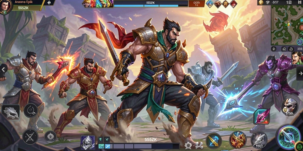 Screenshot utama 555ZK menampilkan aksi pertarungan yang intens dan karakter yang beragam.