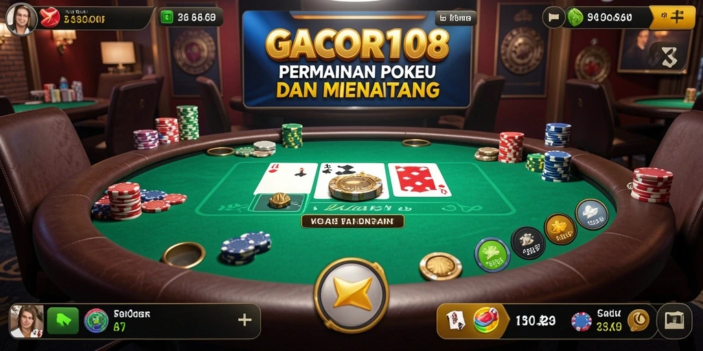 Tampilan gameplay GACOR108 dengan suasana meja poker yang menarik.