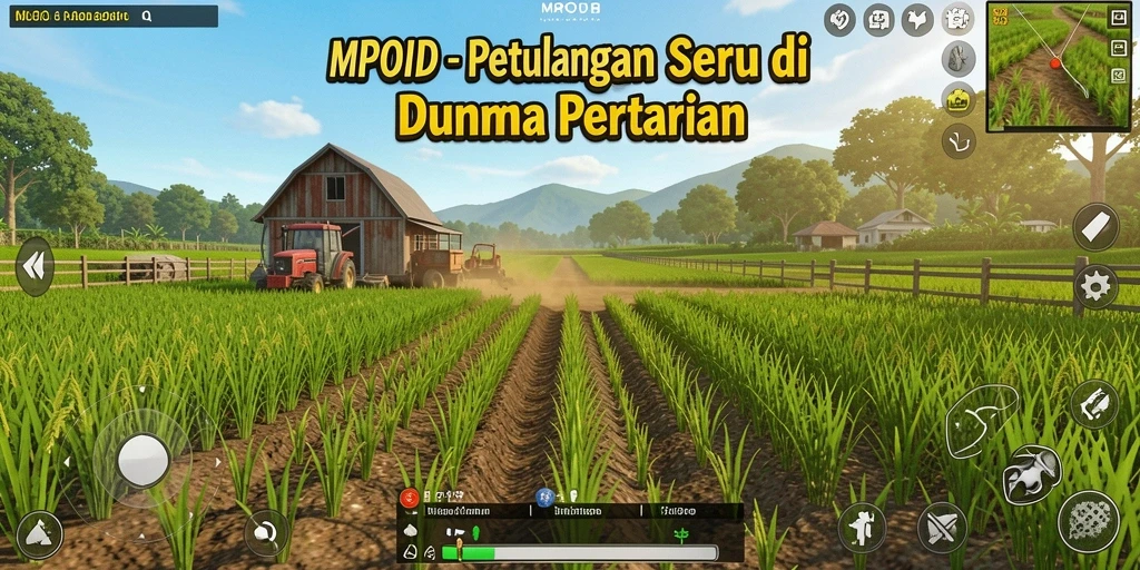 Tampilan utama gameplay MPOID dengan ladang yang subur dan tanaman yang berwarna-warni.