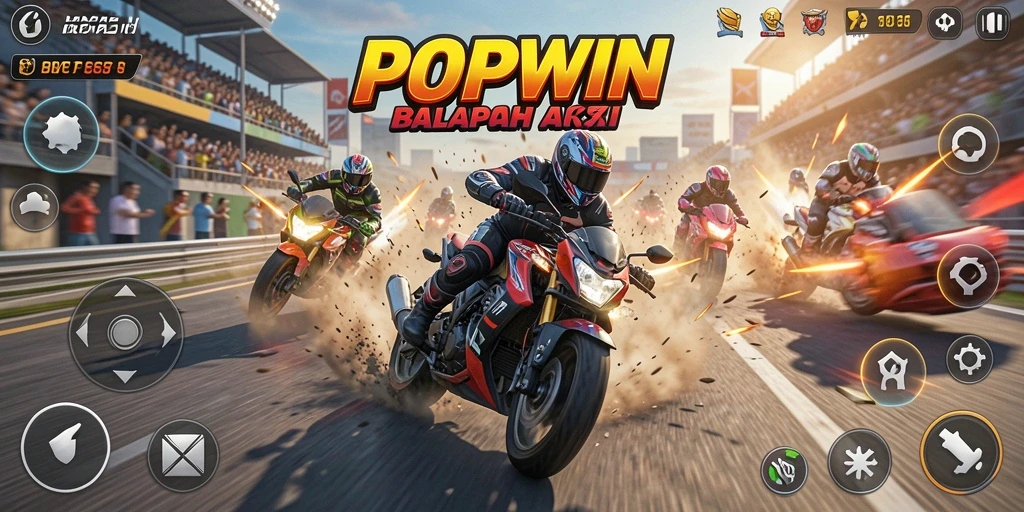Gameplay POPWIN menampilkan balapan motor yang seru dan penuh adrenalin.