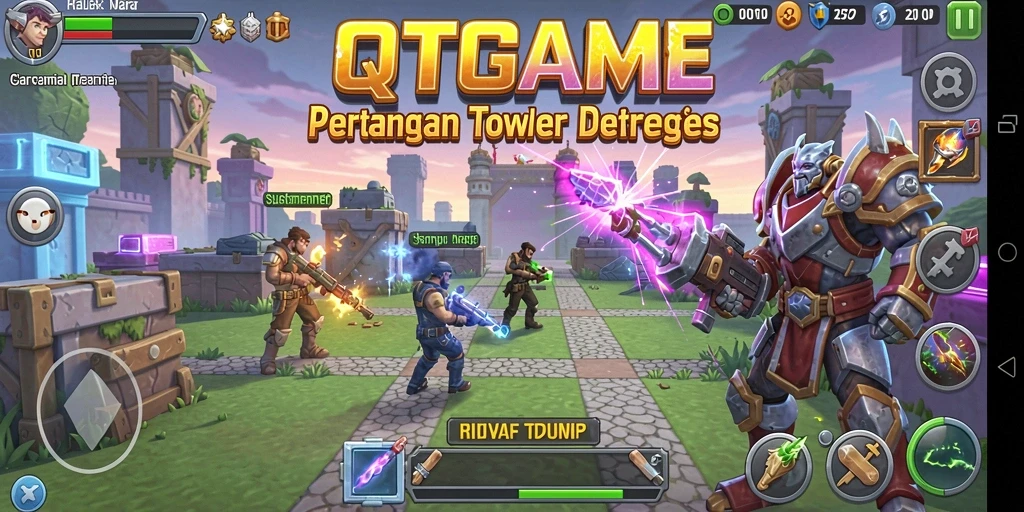 Screenshot gameplay QTGAME menampilkan menara yang siap melawan serangan musuh.