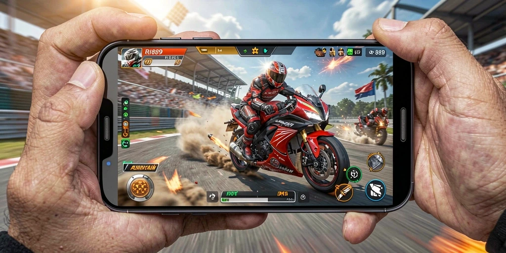 Screenshot utama RI889 menampilkan aksi mendebarkan balapan motor.