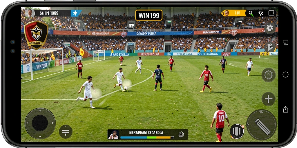 Screenshot gameplay menampilkan pertandingan sepak bola seru.